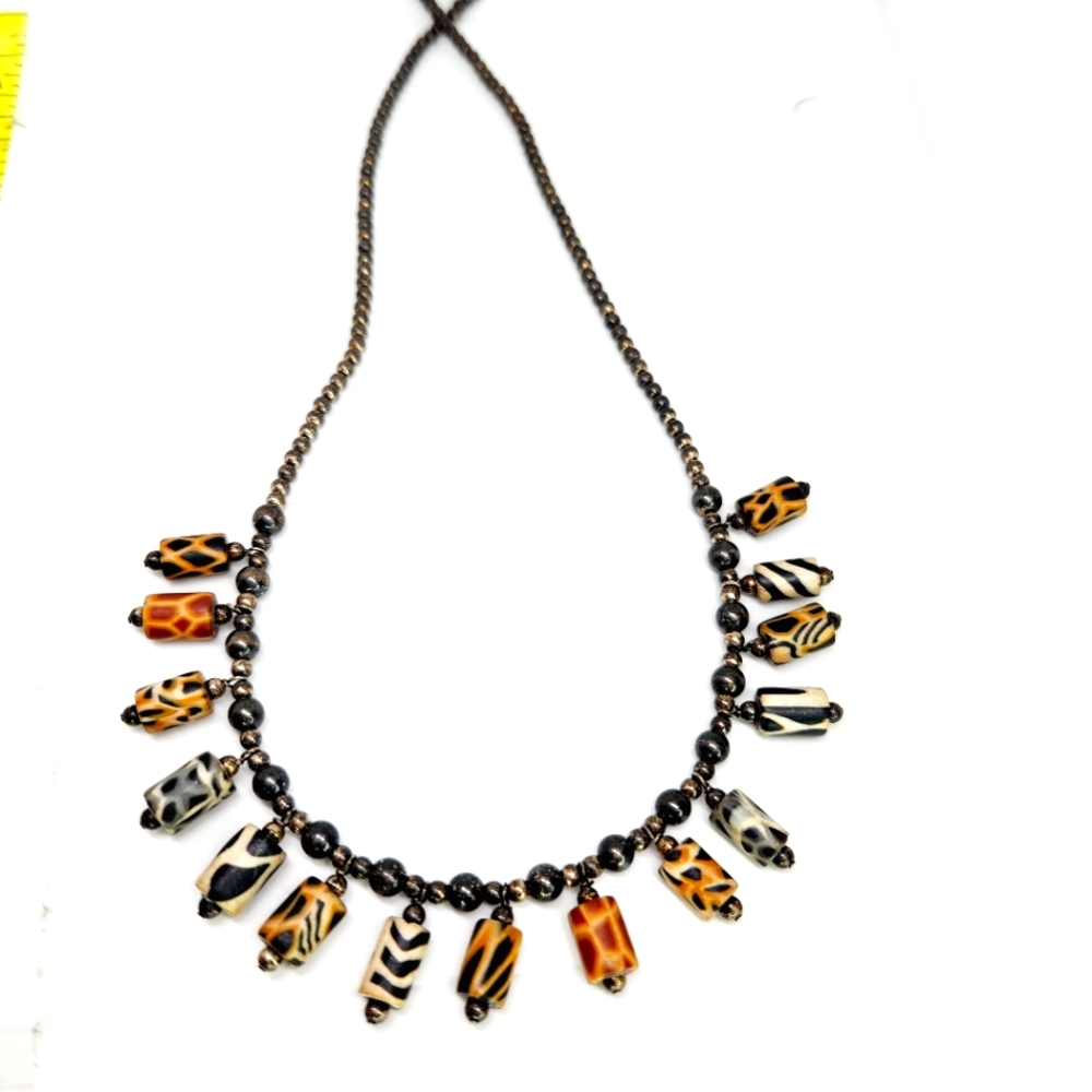 Vintage Sterling Silver Bead Pearl African Millefiori Trade Bead Necklace Choker